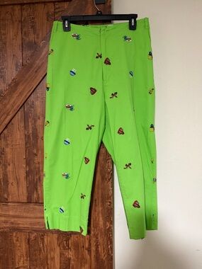 Vintage Erin London Green Embroidered Cotton Blend Capris Pants W/ Pockets- M